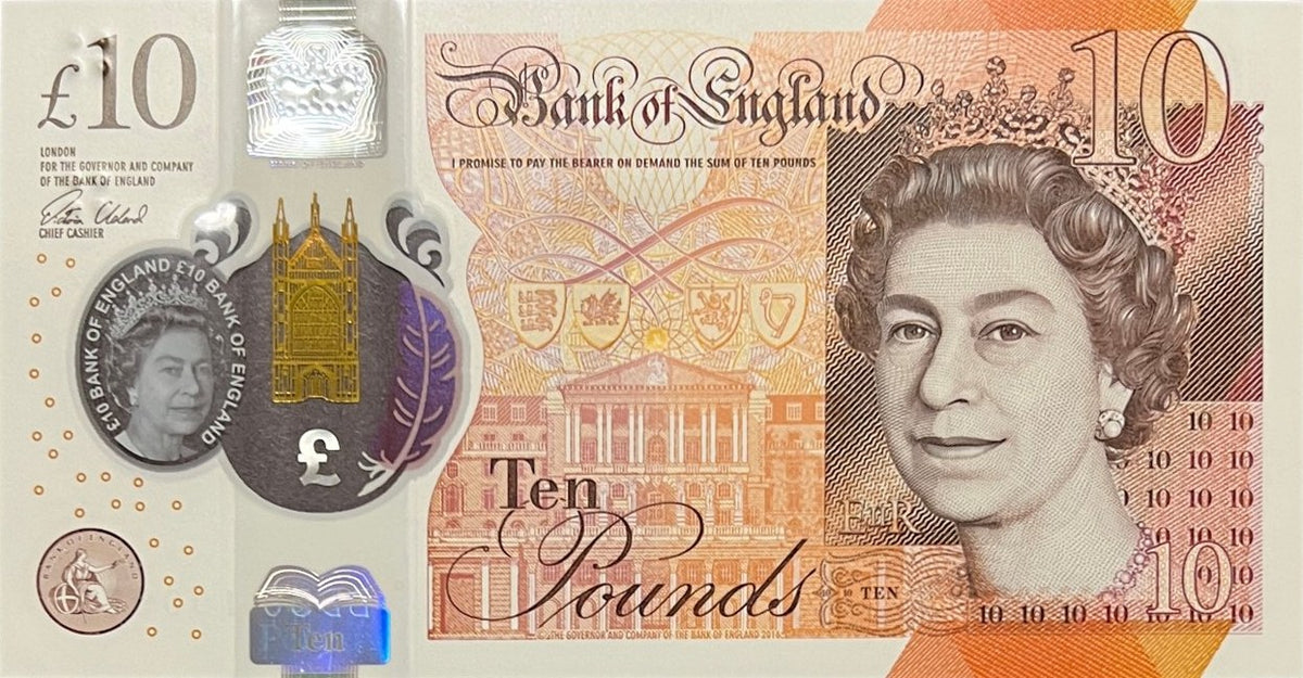Front view of an uncirculated Bank of England 10 Pounds polymer banknote featuring Queen Elizabeth II and Winchester Cathedral in a clear window.