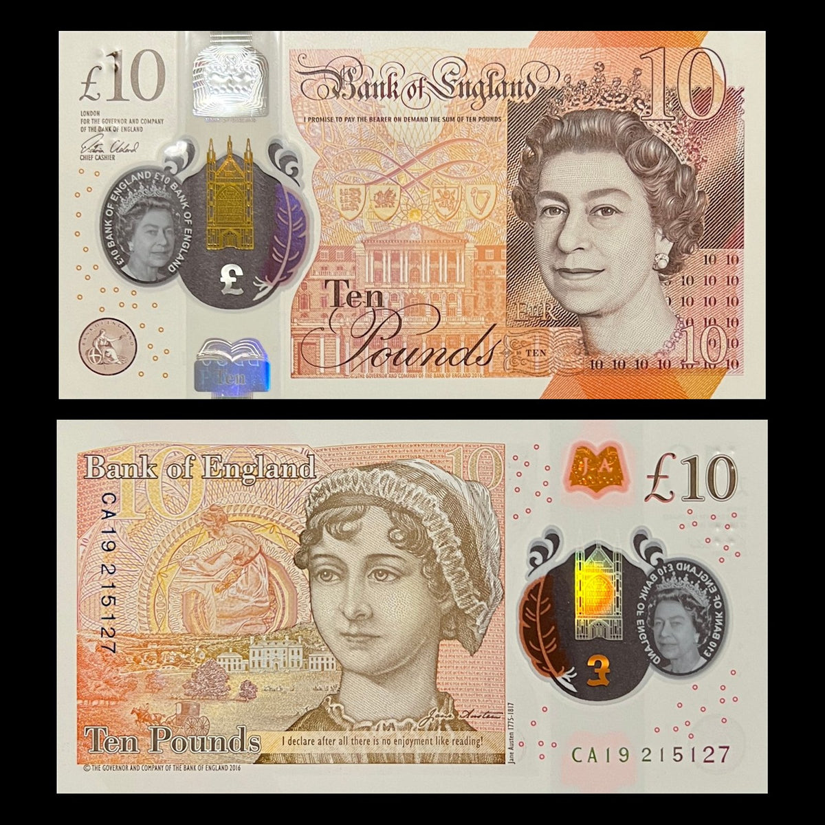 England 10 Pounds ND (2017) P-395 UNC polymer banknote – front with Queen Elizabeth II, back with Jane Austen and Godmersham Park