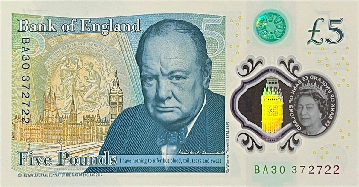 Back view of a Bank of England 5 Pounds polymer banknote showing Sir Winston Churchill, the Palace of Westminster and his Nobel Prize medal.