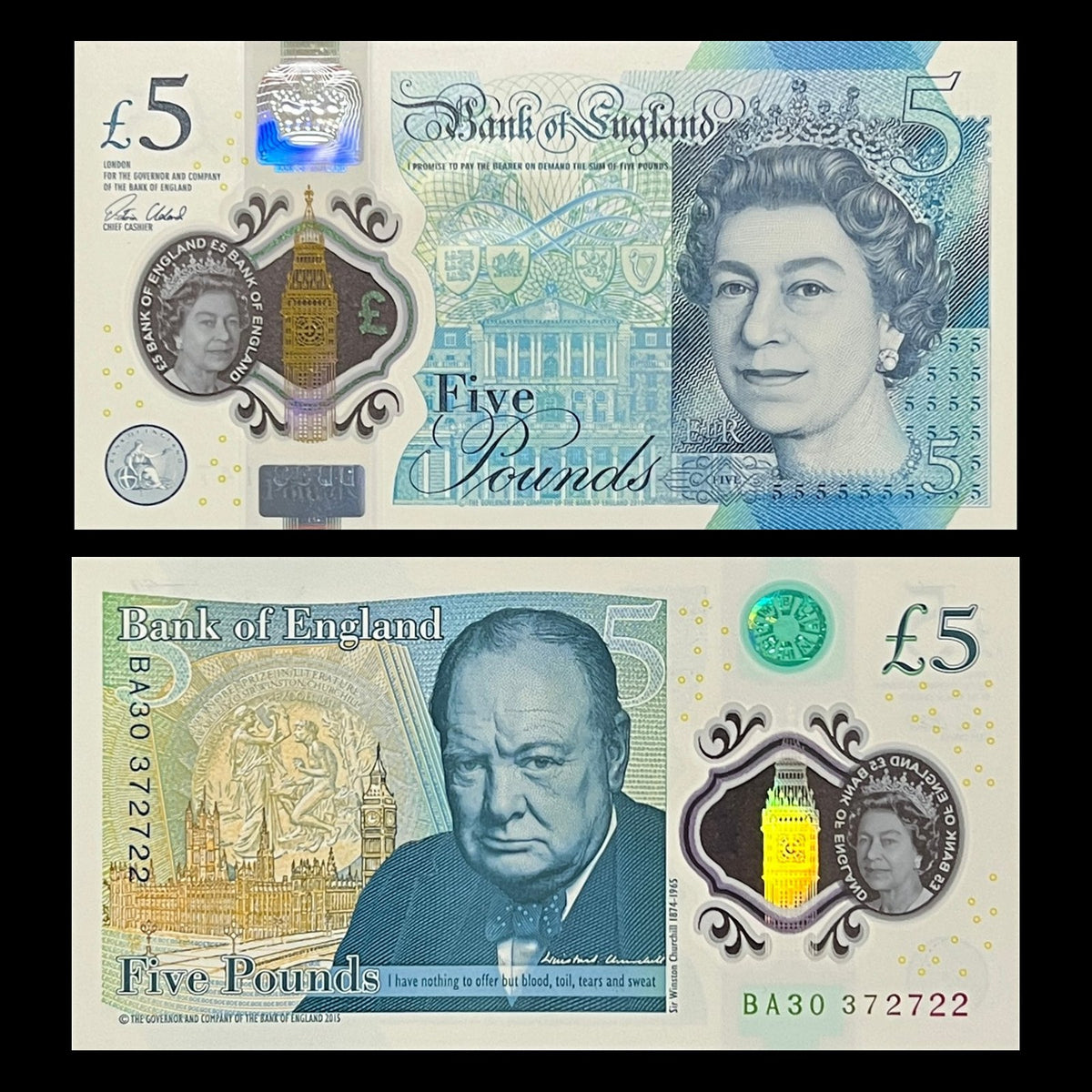 England 5 Pounds ND (2016) P-394 UNC polymer banknote – front with Queen Elizabeth II, back with Sir Winston Churchill and the Palace of Westminster