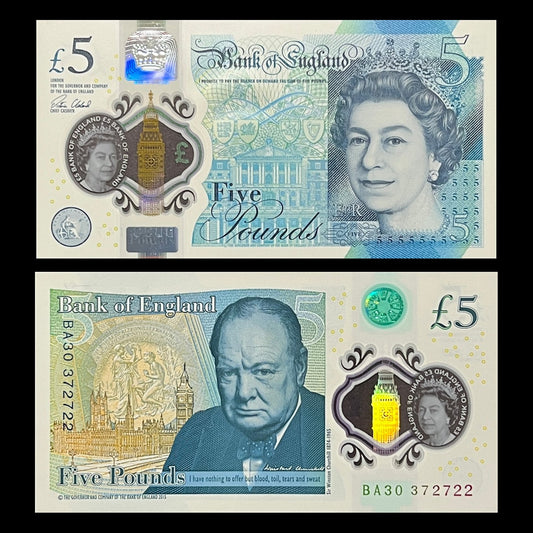 England 5 Pounds ND (2016) P-394 UNC polymer banknote – front with Queen Elizabeth II, back with Sir Winston Churchill and the Palace of Westminster