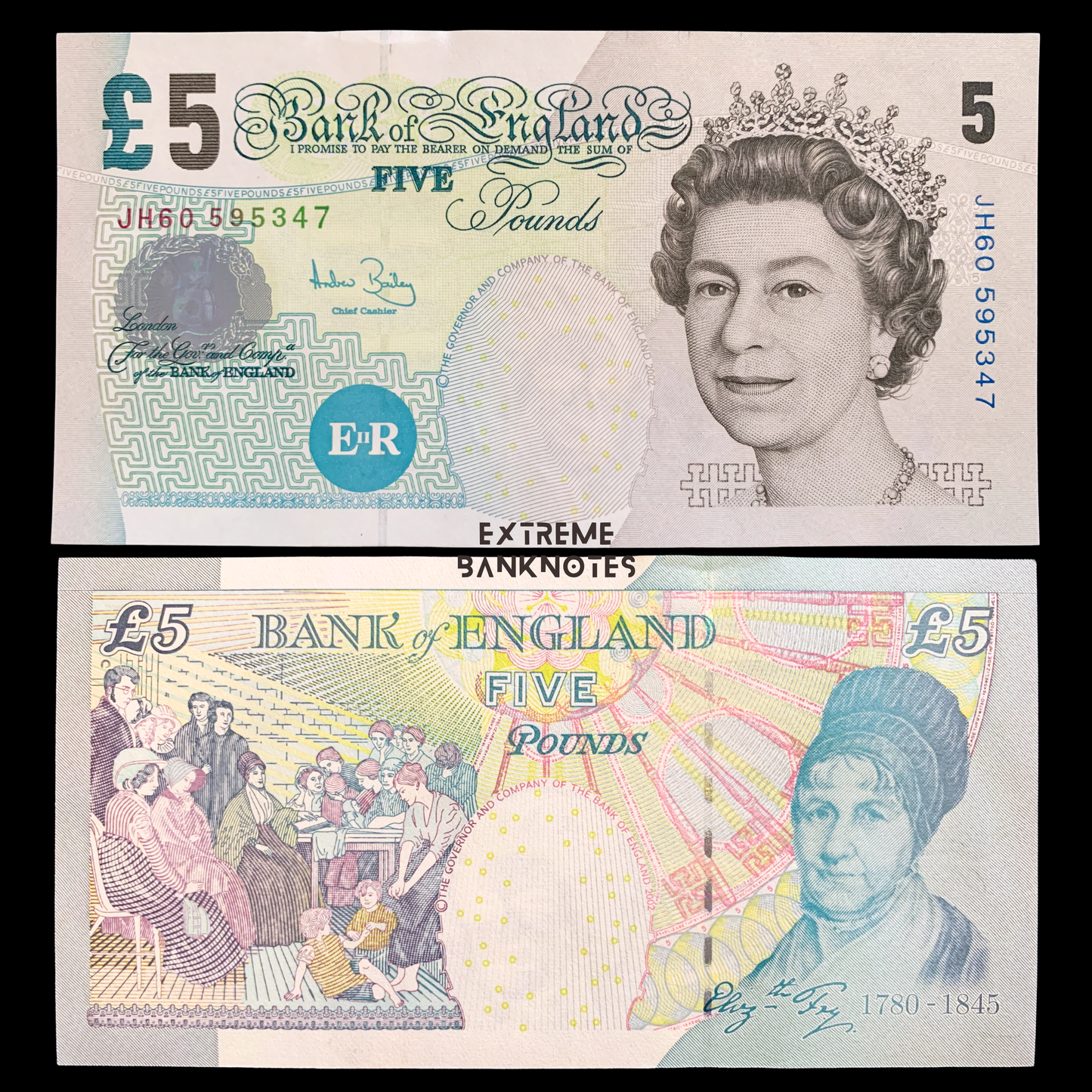 front and back of England 5 Pounds ND (2004-2011) P-391c UNC collectible banknote