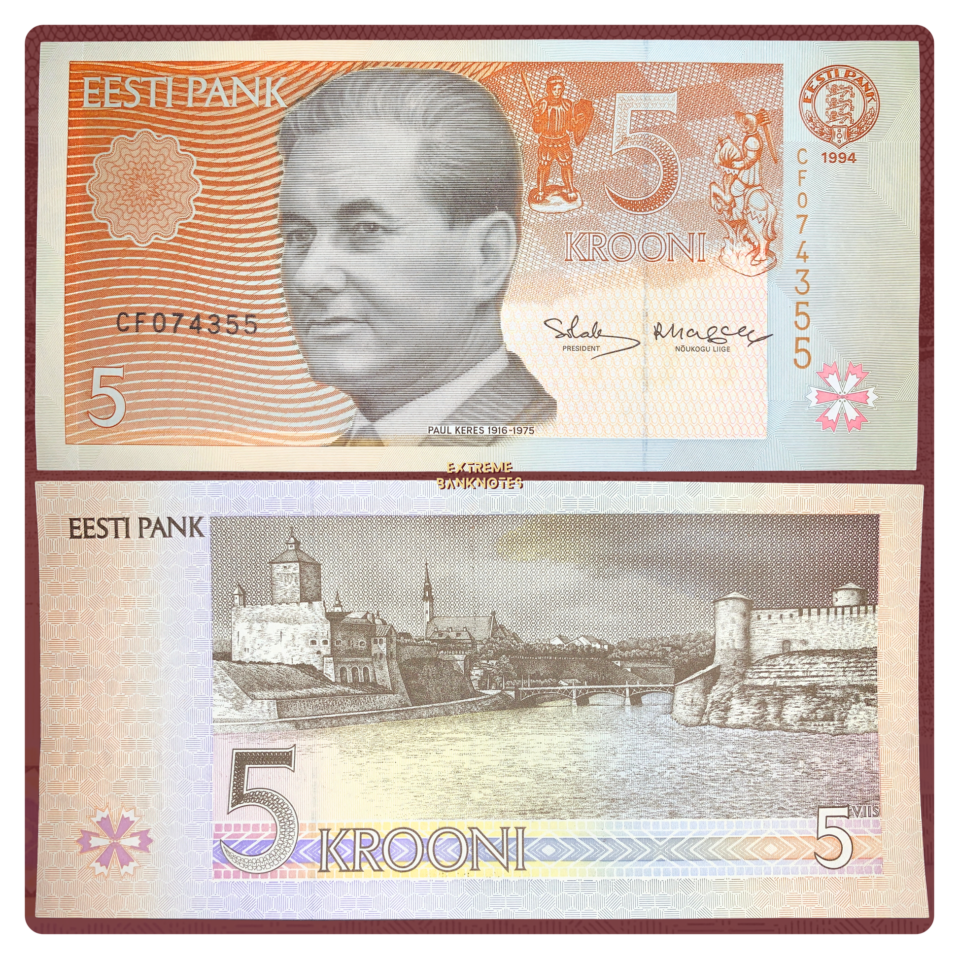 front and back of Estonia 5 Krooni 1994 P-76 AUNC collectible vintage banknote