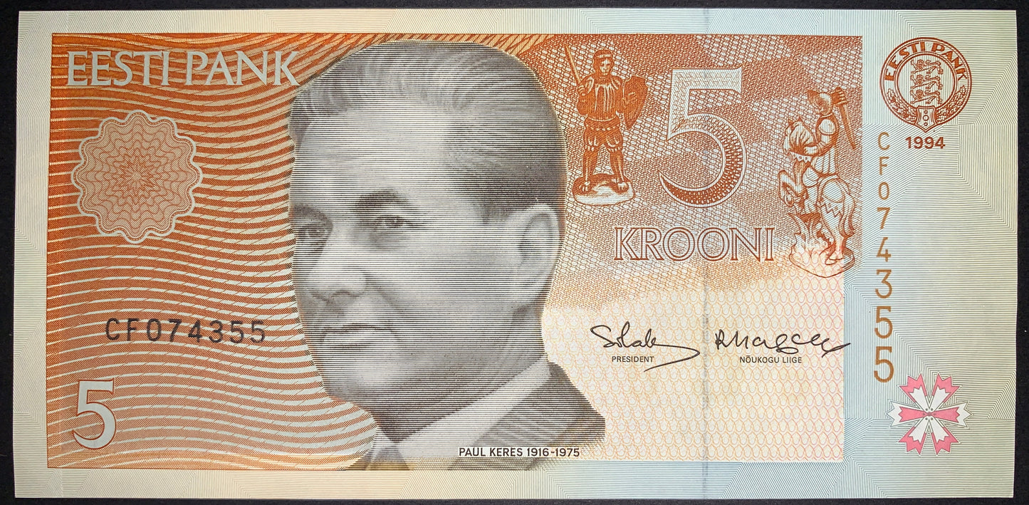front of Estonia 5 Krooni 1994 P-76 AUNC collectible vintage banknote with portrait of chess grandmaster Paul Keres