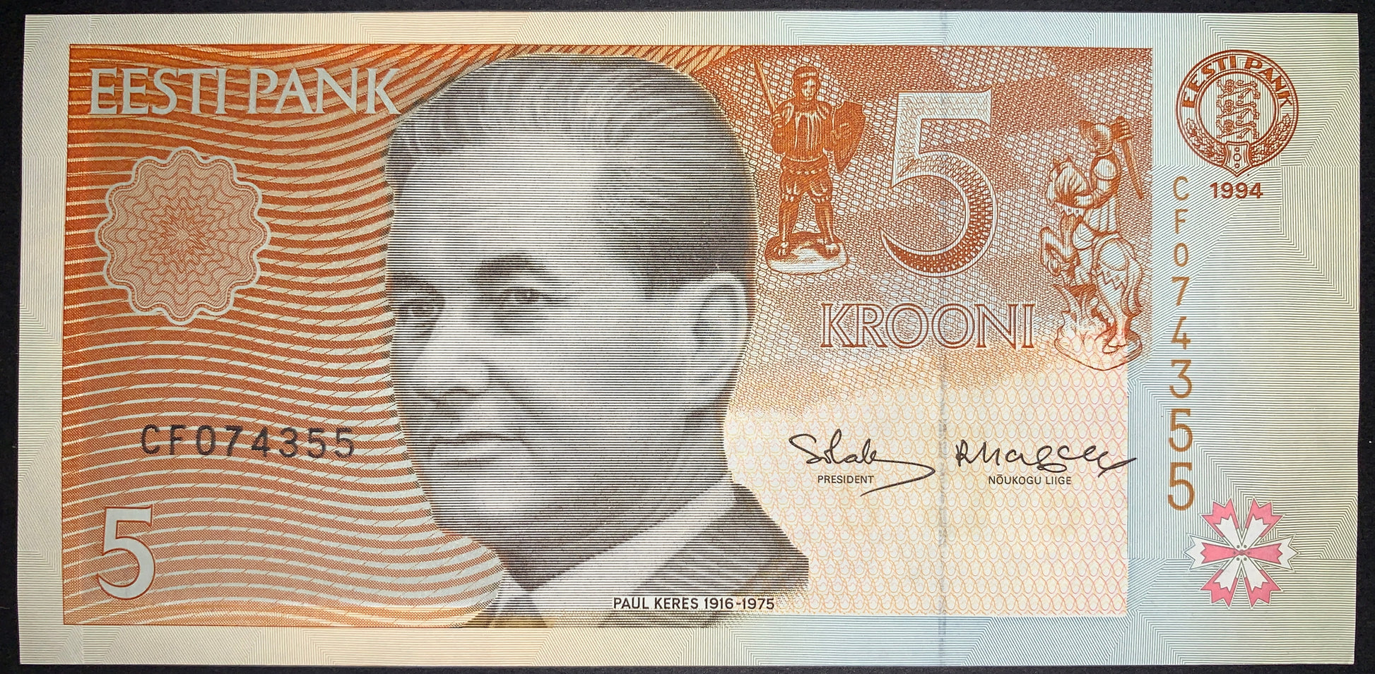 front of Estonia 5 Krooni 1994 P-76 AUNC collectible vintage banknote with portrait of chess grandmaster Paul Keres