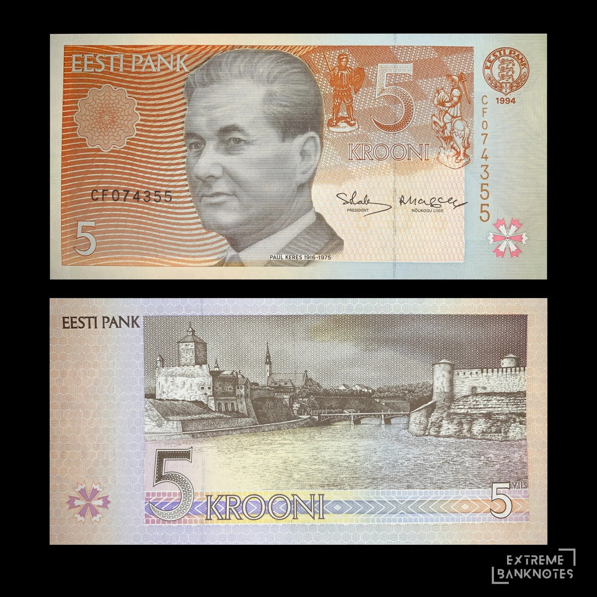 front and back of Estonia 5 Krooni 1994 P-76 AUNC collectible vintage banknote