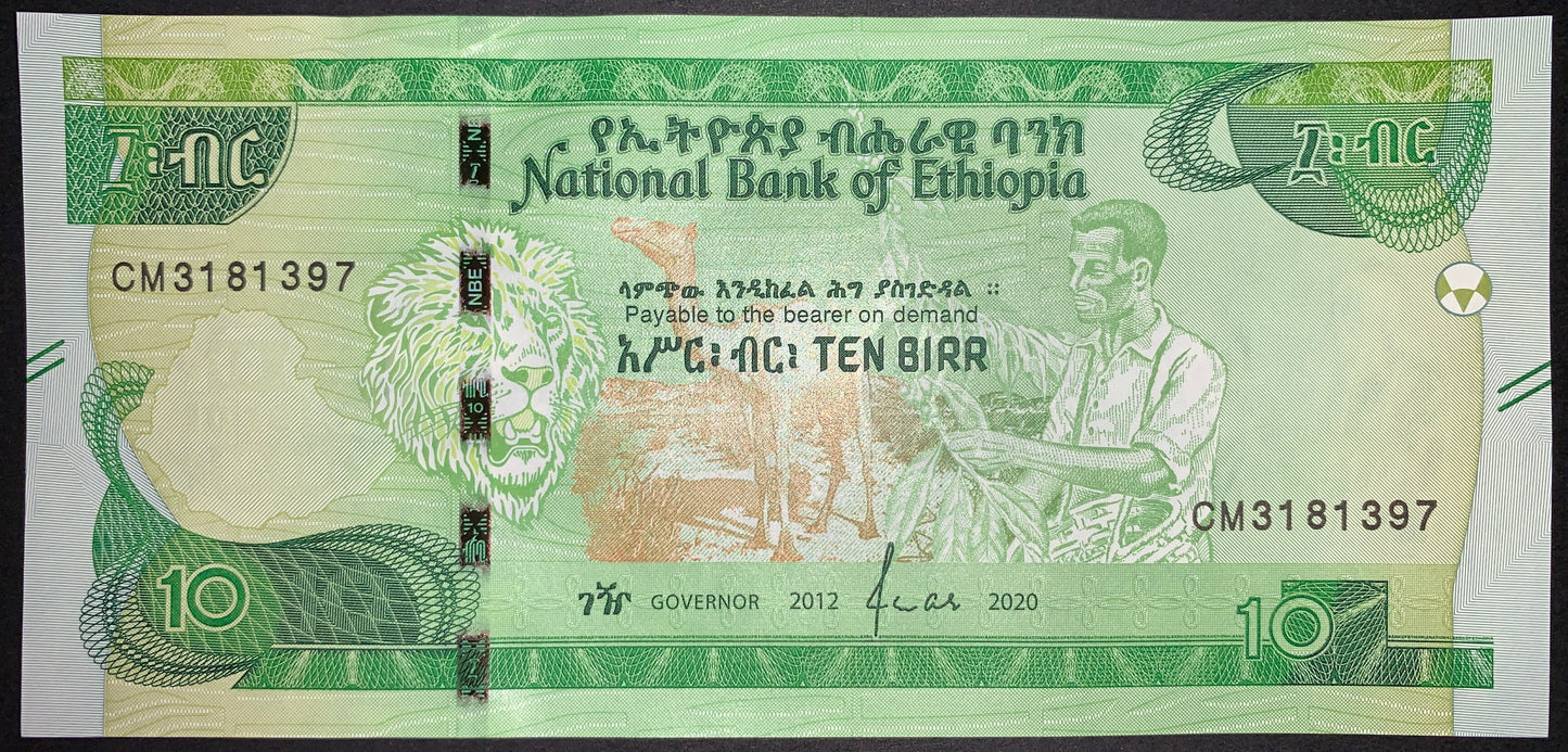 front of Ethiopia 10 Birr 2012 (2020) collectible modern african banknote with Lion of Judah, camel, coffee harvester, and map of Ethiopia