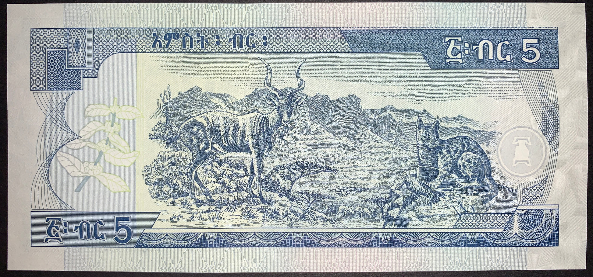 back of Ethiopia 5 Birr 2009 (2017) P-47h collectible african banknote with Kudu, caracal, and the Semien Mountains