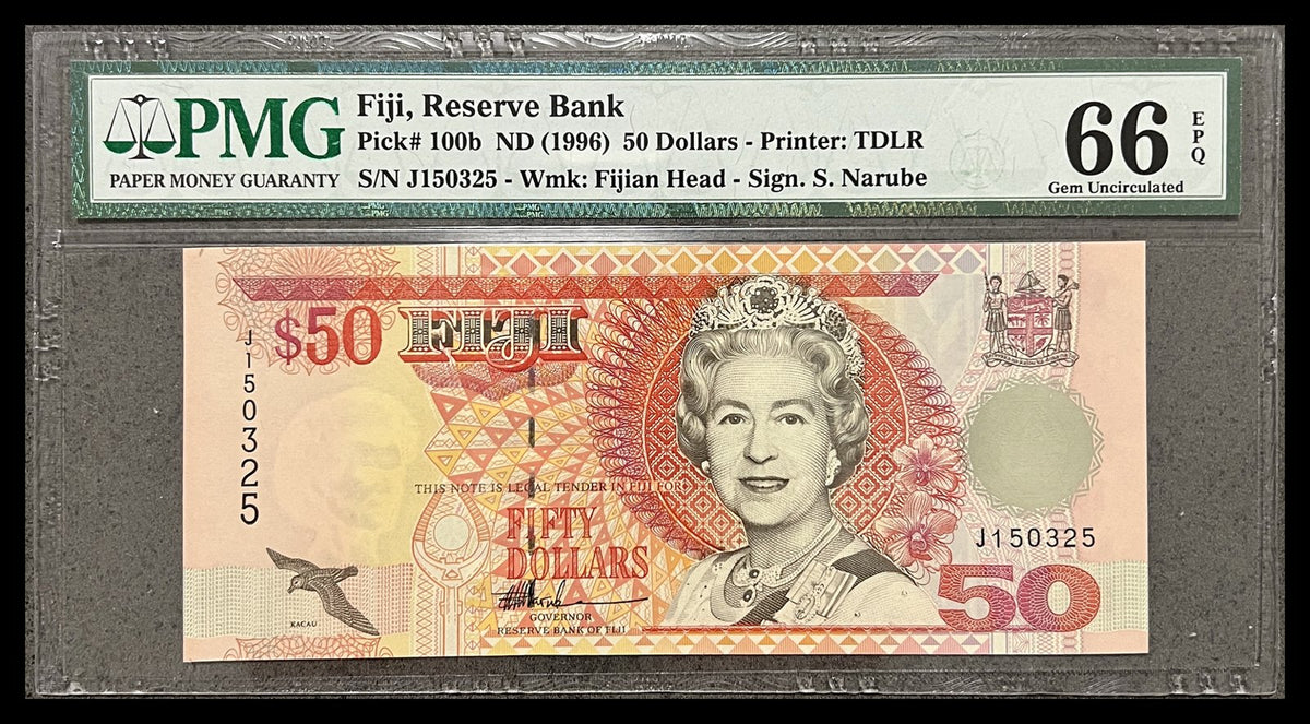 Front view of a PMG 66 EPQ Gem Uncirculated Fiji 50 Dollars banknote featuring Queen Elizabeth II, the Fijian coat of arms and a kacau bird, serial J150325.