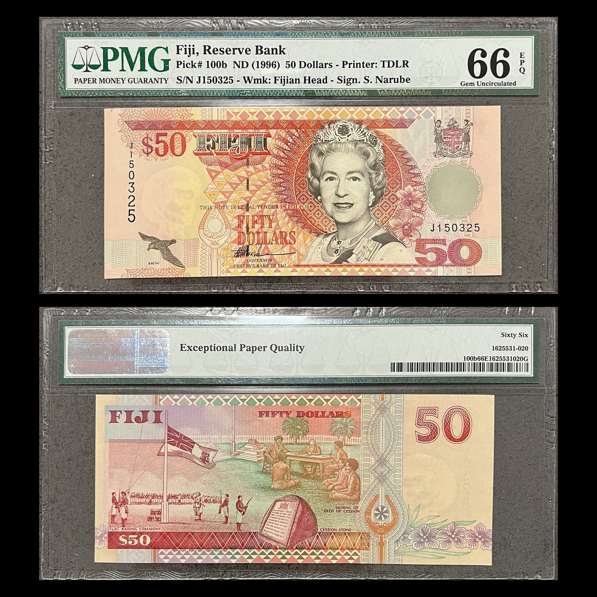 Fiji 50 Dollars ND (1996) P-100b PMG 66 EPQ banknote – front with Queen Elizabeth II, back with the 1874 Deed of Cession, serial J150325