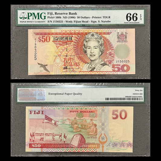 Fiji 50 Dollars ND (1996) P-100b PMG 66 EPQ banknote – front with Queen Elizabeth II, back with the 1874 Deed of Cession, serial J150325