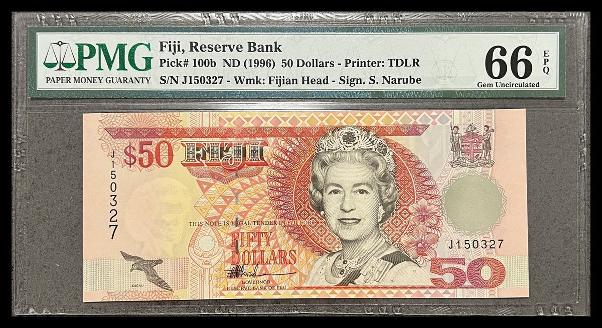 Front view of a PMG 66 EPQ Gem Uncirculated Fiji 50 Dollars banknote featuring Queen Elizabeth II, the Fijian coat of arms and a kacau bird, serial J150327.