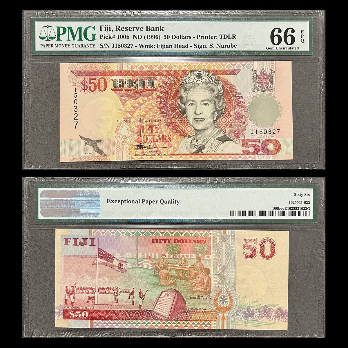 Fiji 50 Dollars ND (1996) P-100b PMG 66 EPQ banknote – front with Queen Elizabeth II, back with the 1874 Deed of Cession, serial J150327