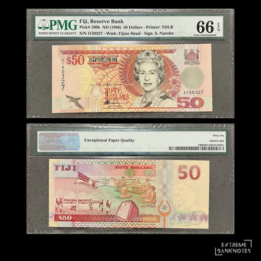 Fiji 50 Dollars ND (1996) P-100b PMG 66 EPQ banknote – front with Queen Elizabeth II, back with the 1874 Deed of Cession, serial J150327