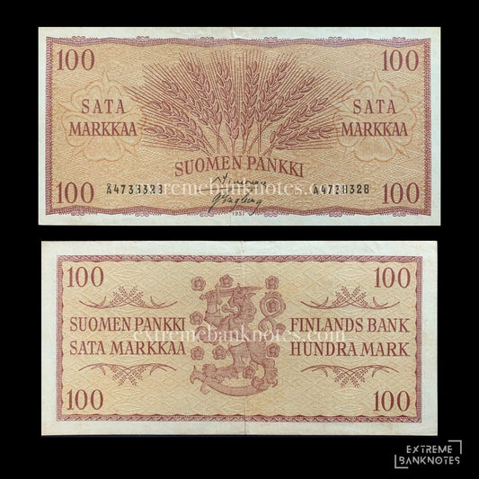 Finland 100 Markka (New Markka) 1957 P-97 F++ – front and back
