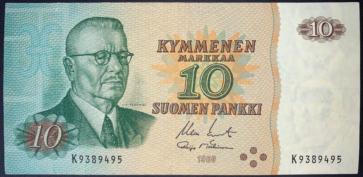 front of Finland 10 Markkaa 1980 P-111 F collectible vintage banknote with portrait of Juho Kusti Paasikivi