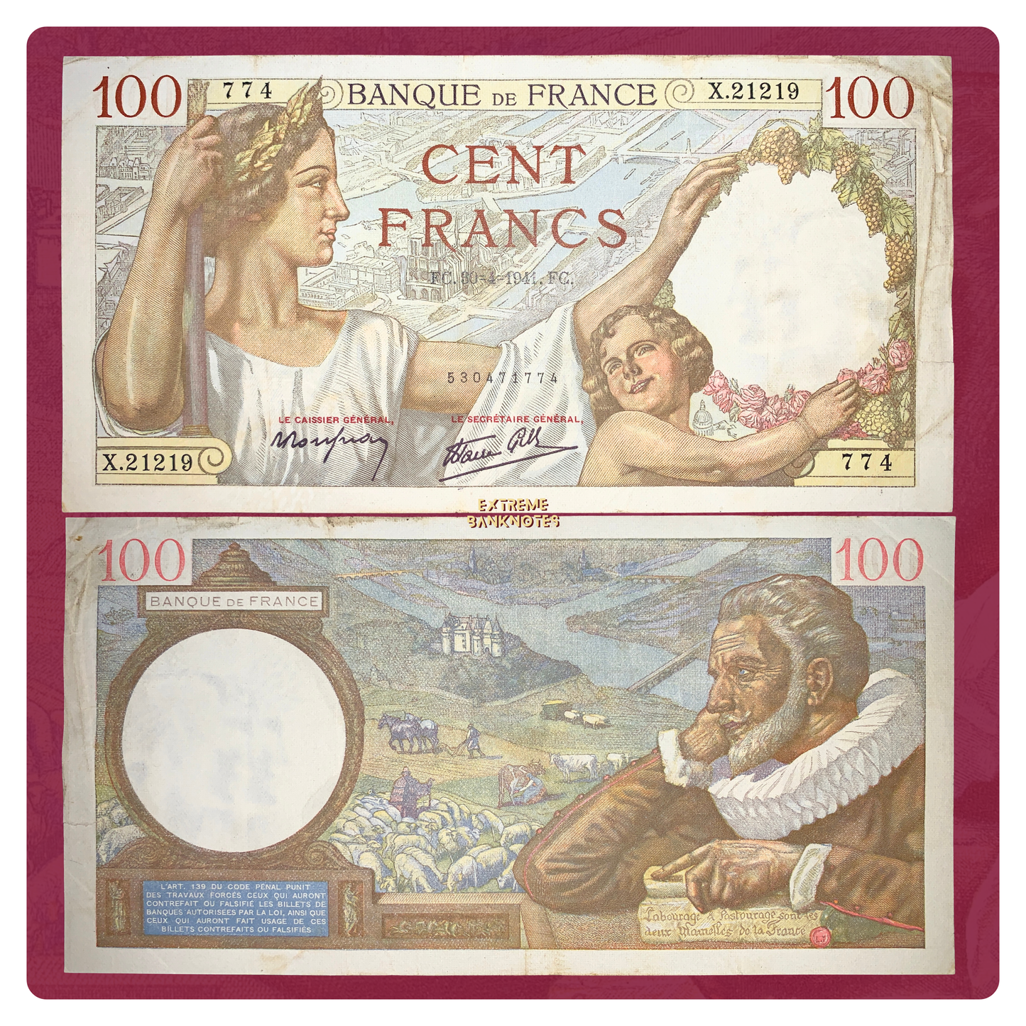 front and back of France 100 Francs 1941 P-94 F vintage collectible banknote