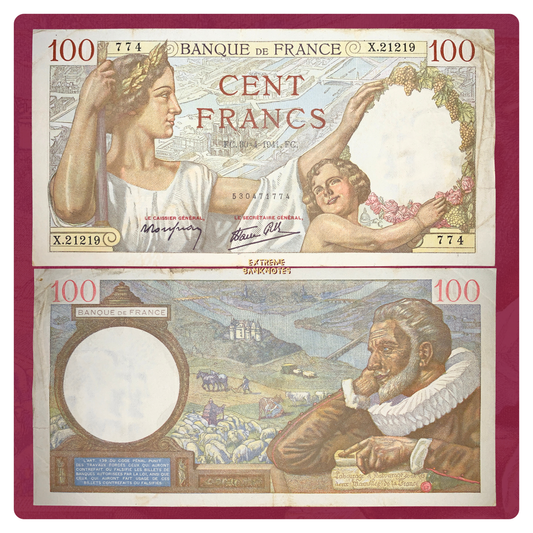 front and back of France 100 Francs 1941 P-94 F vintage collectible banknote