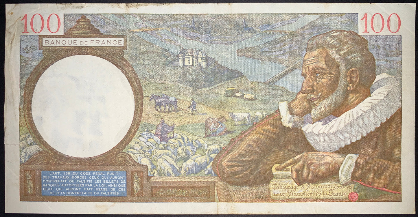 back of France 100 Francs 1941 P-94 F collectible vintage banknote with Portrait of Maximilien de Béthune (Duc de Sully) and Château de Sully-sur-Loire and a pastoral countryside with livestock