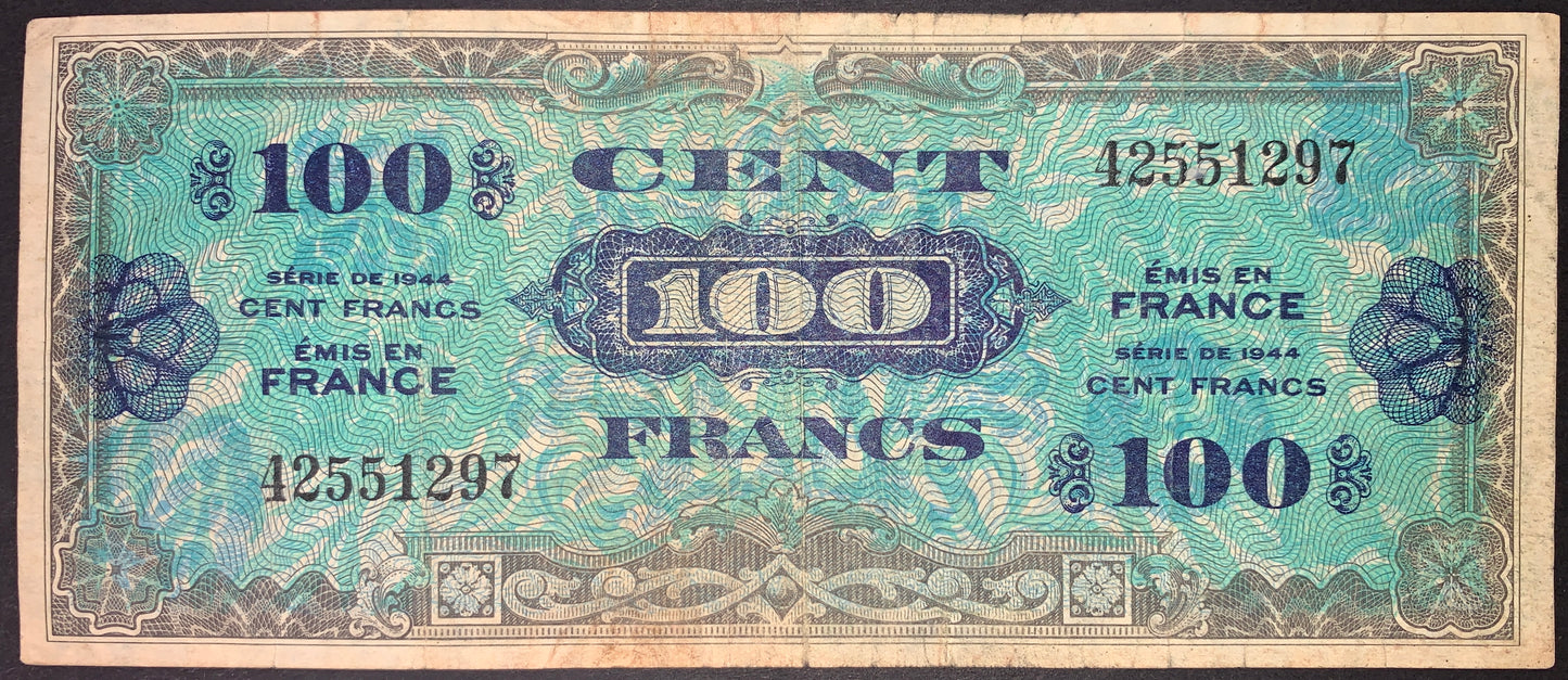 front of France 100 Francs 1944 P-118 F  collectible vintage banknote