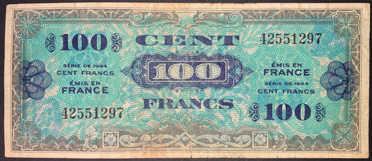 front of France 100 Francs 1944 P-118 F  collectible vintage banknote