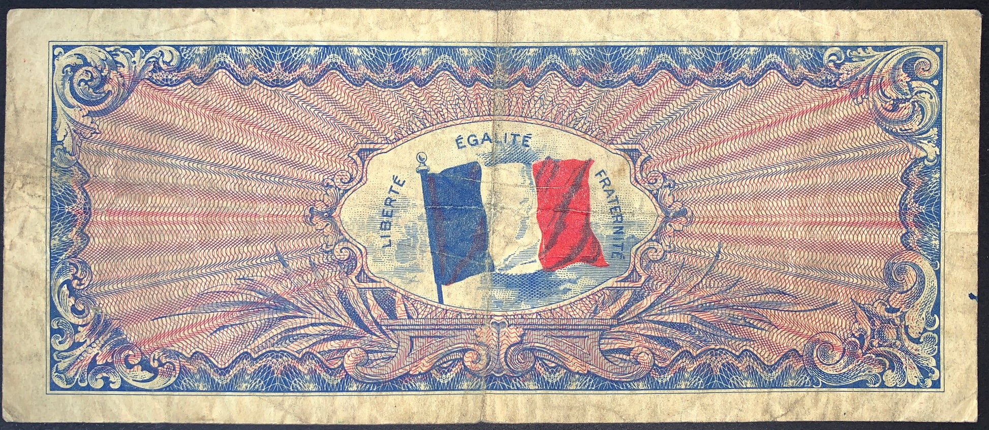 back of France 100 Francs 1944 P-118 VF collectible vintage banknote with flag of french flag
