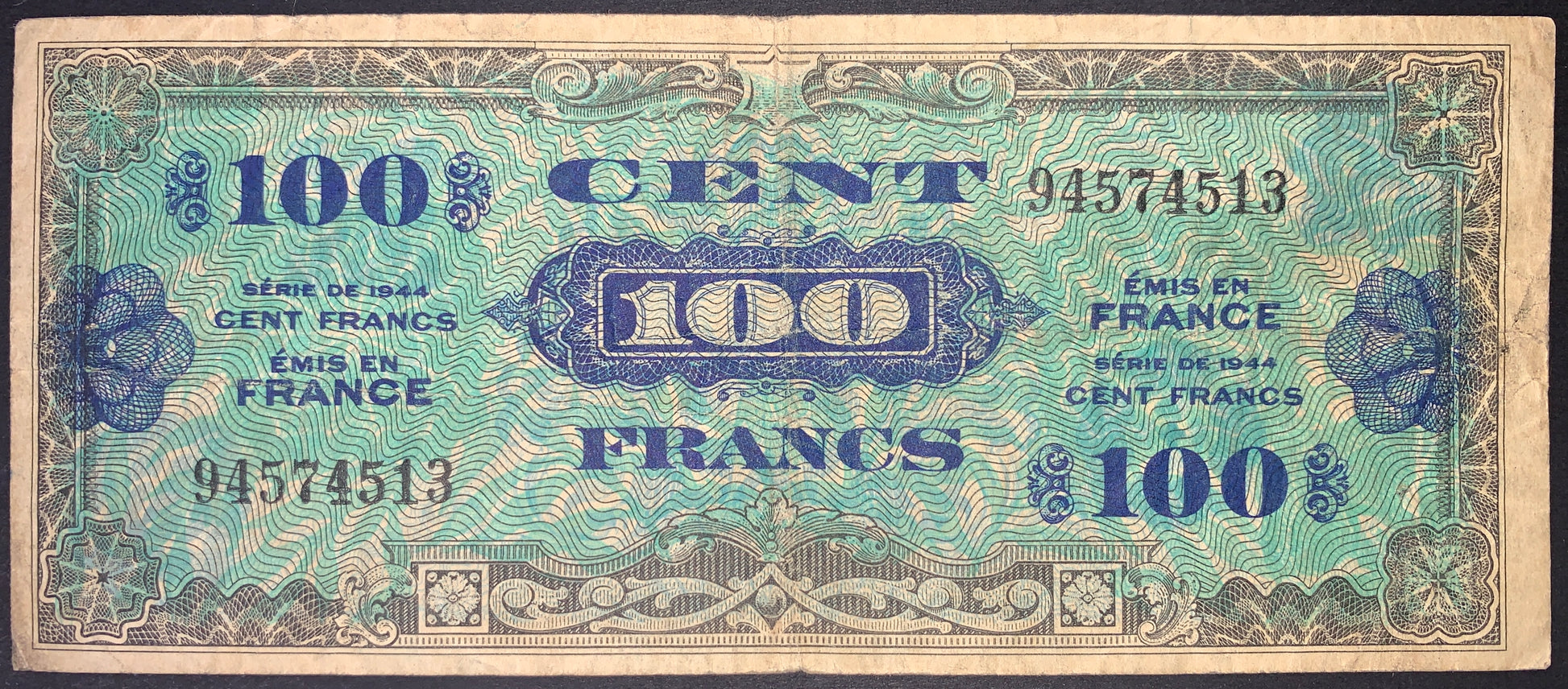 front of France 100 Francs 1944 P-118 VF collectible vintage banknote