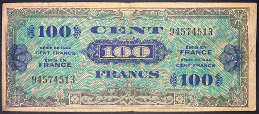 front of France 100 Francs 1944 P-118 VF collectible vintage banknote