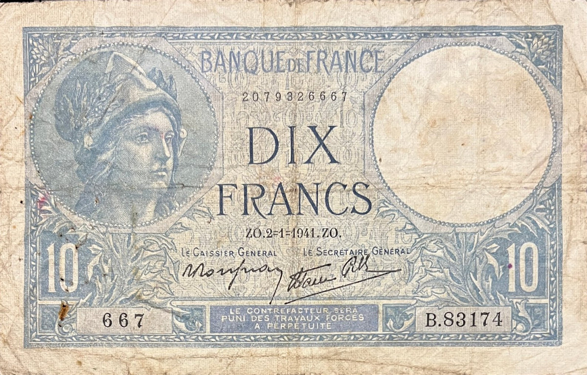 Front view of a fine 1941 France 10 Francs Minerve banknote featuring the helmeted goddess Minerva.