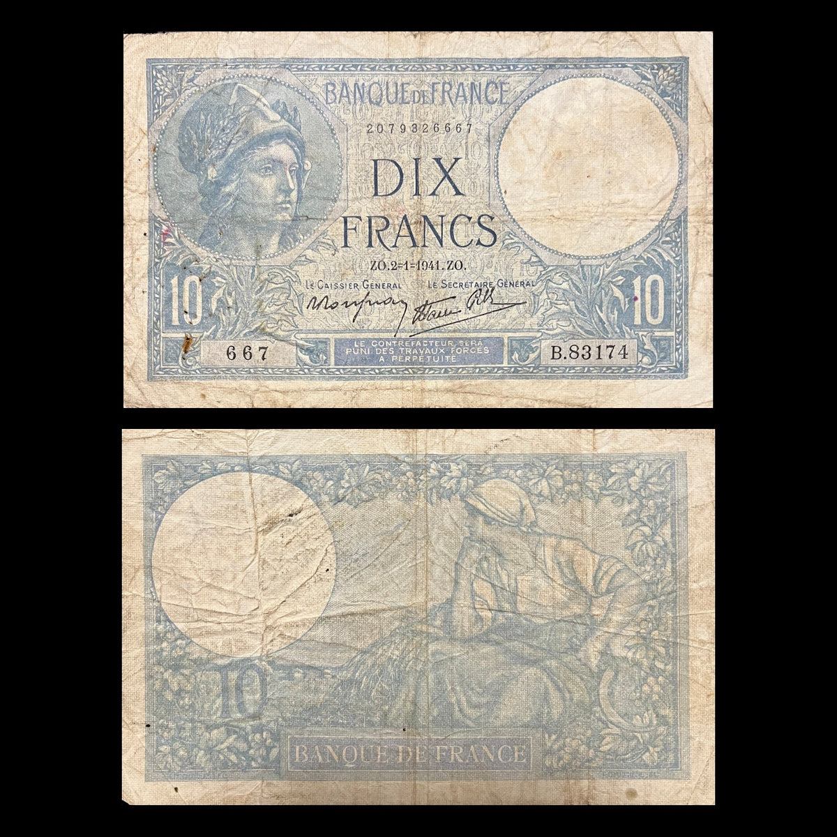 France 10 Francs 1941 Minerve P-84 F banknote – front with the goddess Minerva, back with a peasant woman at harvest