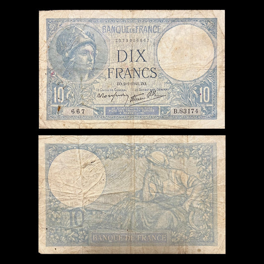 France 10 Francs 1941 Minerve P-84 F banknote – front with the goddess Minerva, back with a peasant woman at harvest