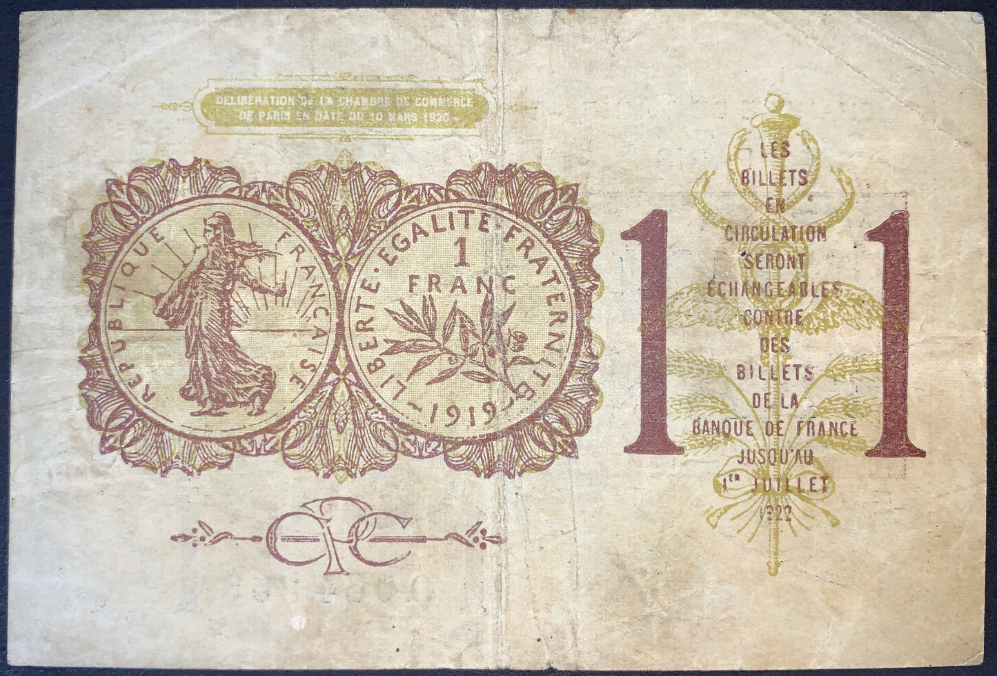 back of France 1 Franc Notgeld 1920 F collectible vintage banknote featuring Allegoric figure of France