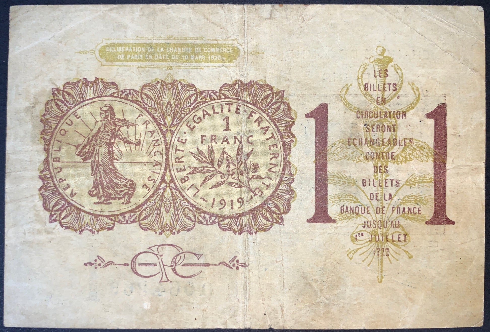 back of France 1 Franc Notgeld 1920 F collectible vintage banknote featuring Allegoric figure of France