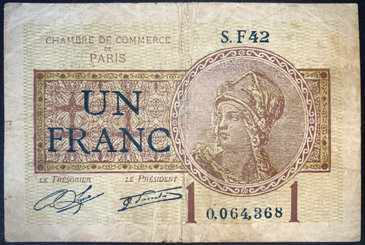 front of France 1 Franc Notgeld 1920 F collectible vintage banknote with Medallion featuring Minerv 