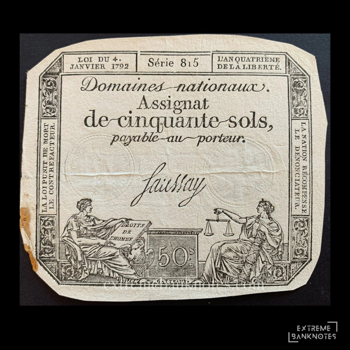 France 50 Sols Assignat 1792 P-A70a VF