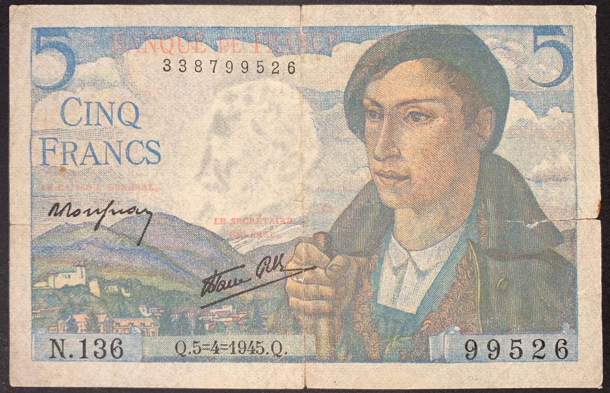 back of France 5 Francs 1945 P-98a VG collectible vintage banknote with landscape and portrait of man