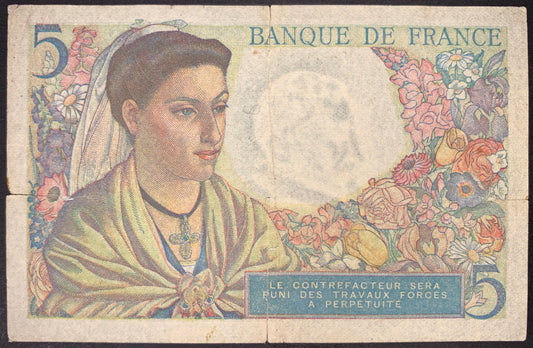 front of France 5 Francs 1945 P-98a VG collectible vintage banknote with floral border and portrait of woman