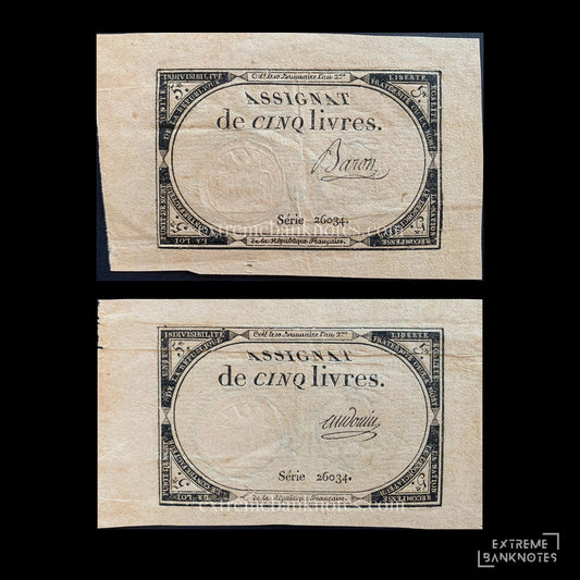 France 5 Livres Assignat 1793 P-A76 VF – front and back