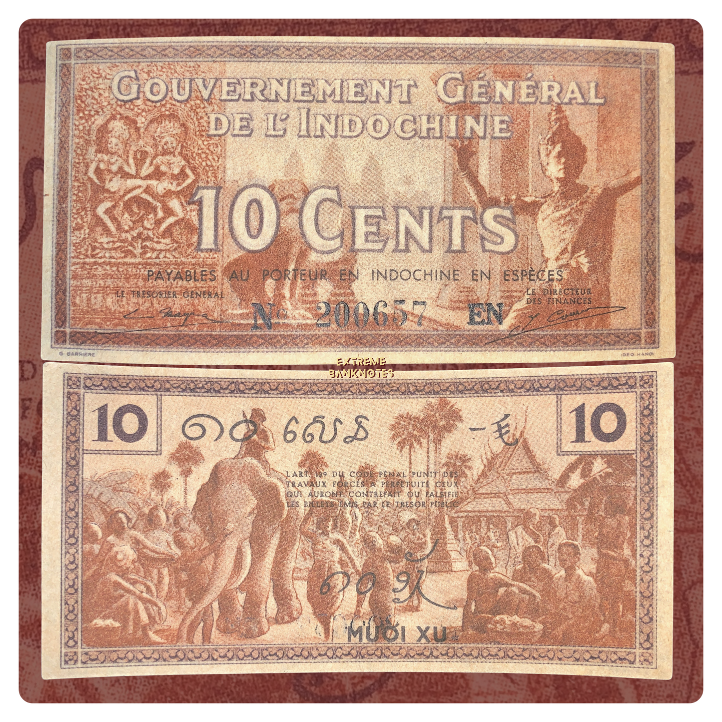 front and back of French Indochina 10 Cents ND (1939) P-85 AUNC collectible vintage banknote