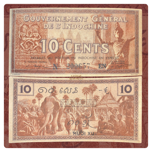 front and back of French Indochina 10 Cents ND (1939) P-85 AUNC collectible vintage banknote