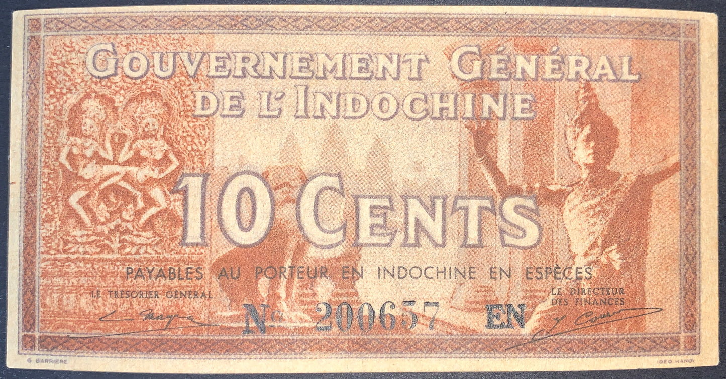 front of French Indochina 10 Cents ND (1939) P-85 AUNC collectible vintage banknote with Apsara celestial dancer and silhouette of Angkor Wat