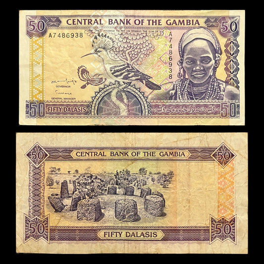 Gambia 50 Dalasis ND (1996-2005) P-19 VF banknote – front with a Gambian woman and hoopoe birds, back with the Wassu stone circles