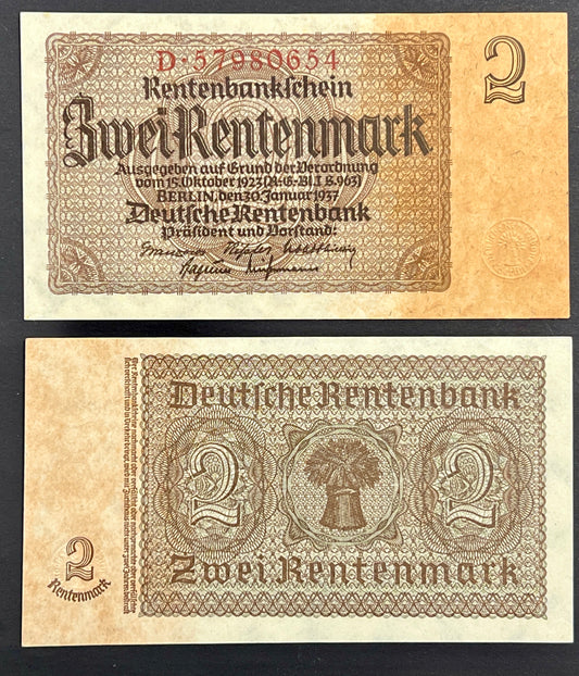 Front and reverse view of a crisp, vintage 1937 Germany 2 Rentenmark banknote featuring classic gothic typography and intricate geometric borders.
