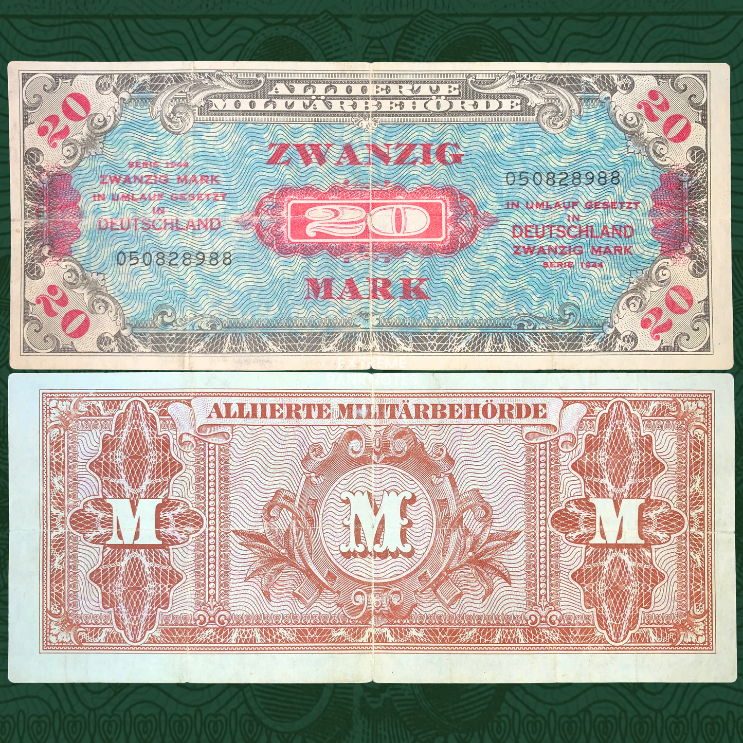 front and back of Germany Allied Military Authority 20 Marks 1944 P-195b vintage wwii era collectible european banknote