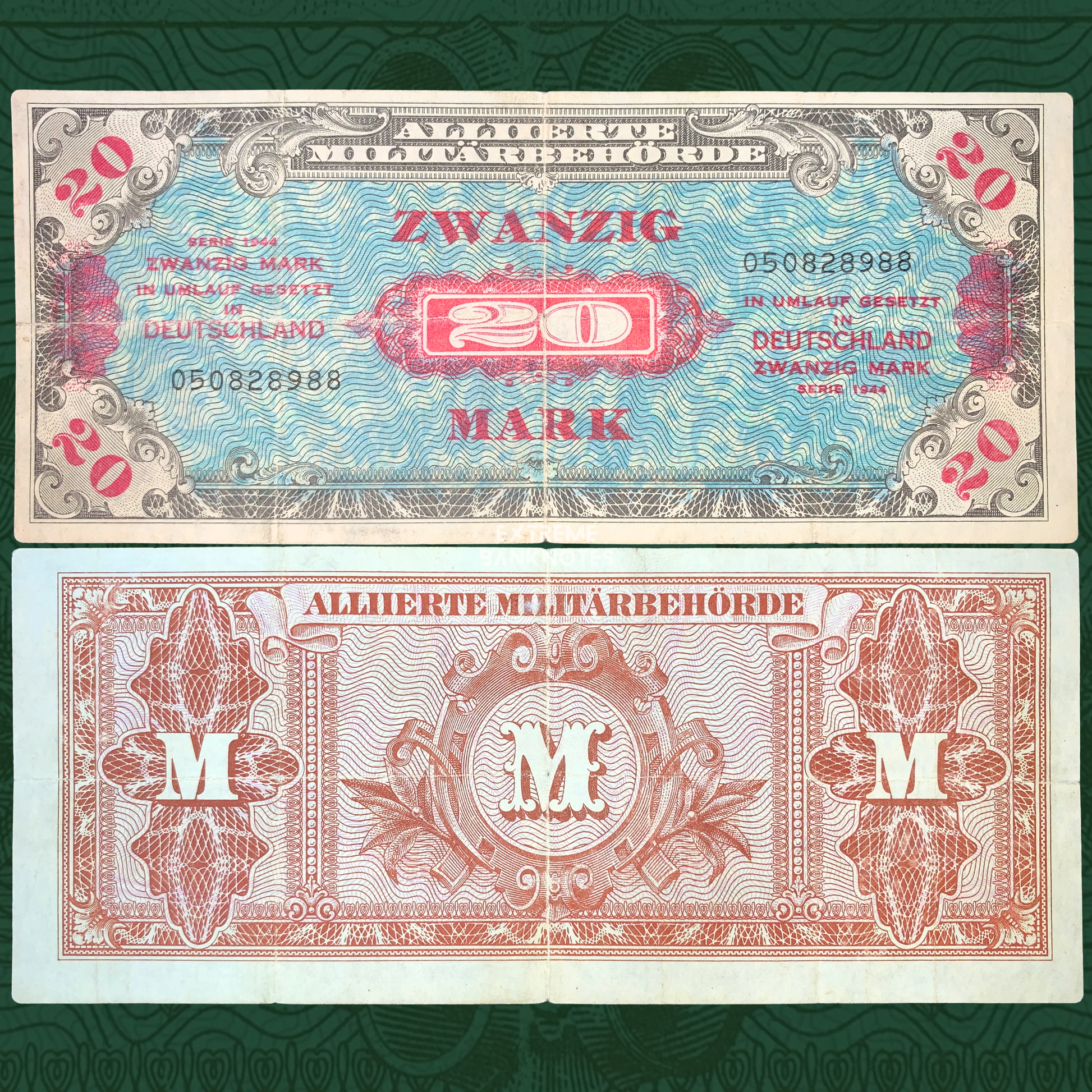 front and back of Germany Allied Military Authority 20 Marks 1944 P-195b vintage wwii era collectible european banknote