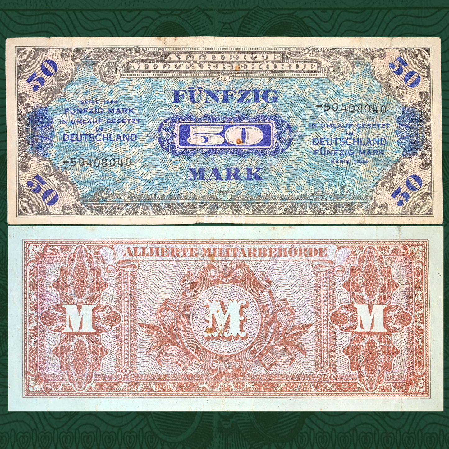 front and back of Germany Allied Military Authority 50 Marks 1944 P-196d vintage wwii era collectible european banknote