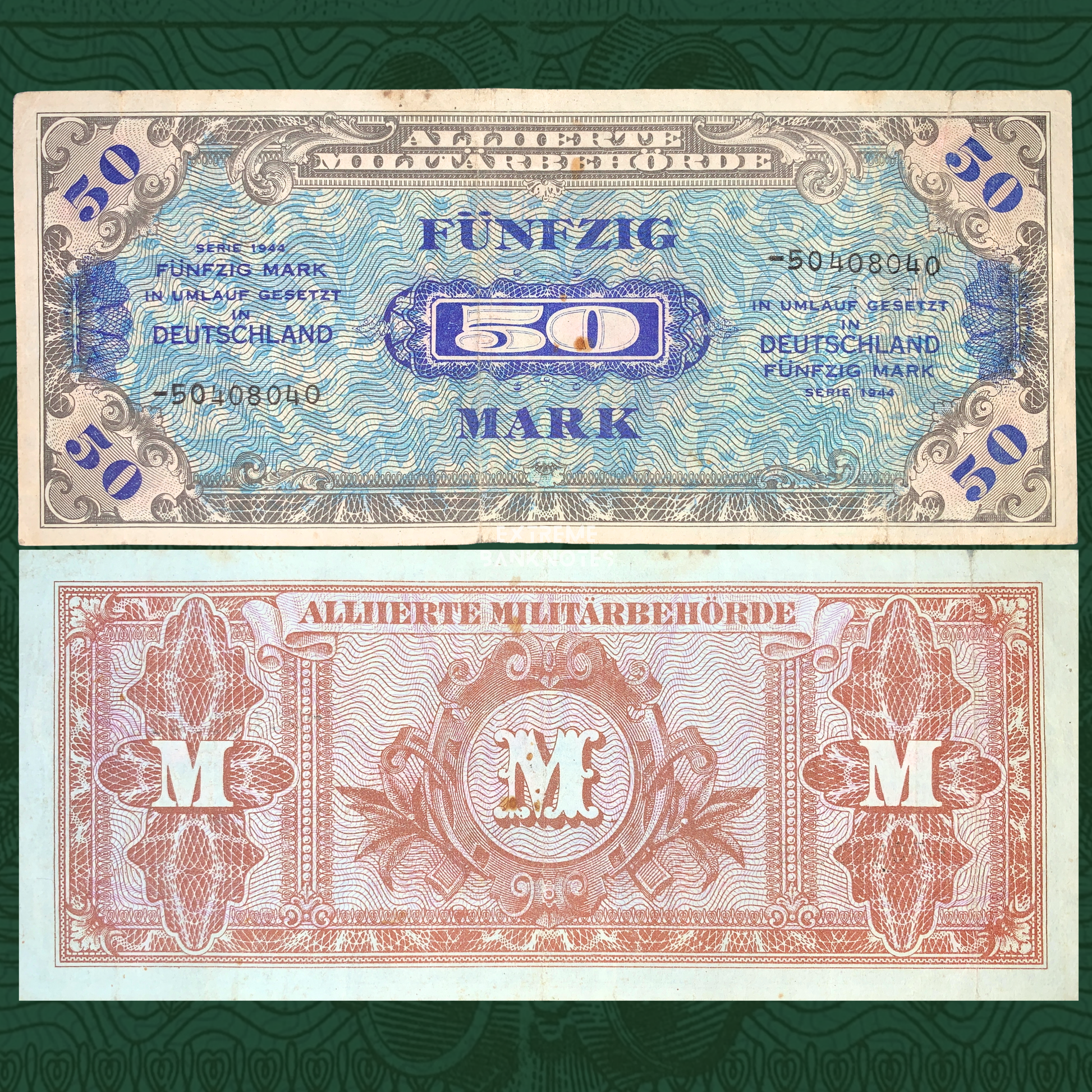 front and back of Germany Allied Military Authority 50 Marks 1944 P-196d vintage wwii era collectible european banknote