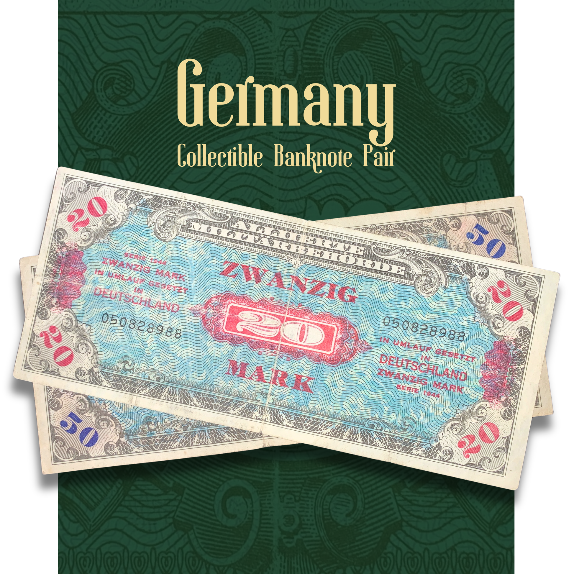 Two German banknotes with 'Germany Collectible Banknote Pair' text on a green background