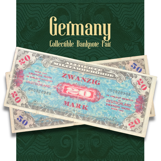 Two German banknotes with 'Germany Collectible Banknote Pair' text on a green background