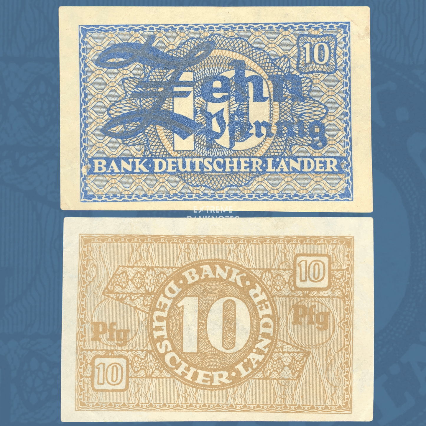 Authentic Germany 10 Pfennig banknote from 1948 issued by Bank Deutscher Länder, featuring intricate blue and brown guilloche patterns, bold denomination design, and post-war emergency currency styling. Front and reverse shown on a blue numismatic background.